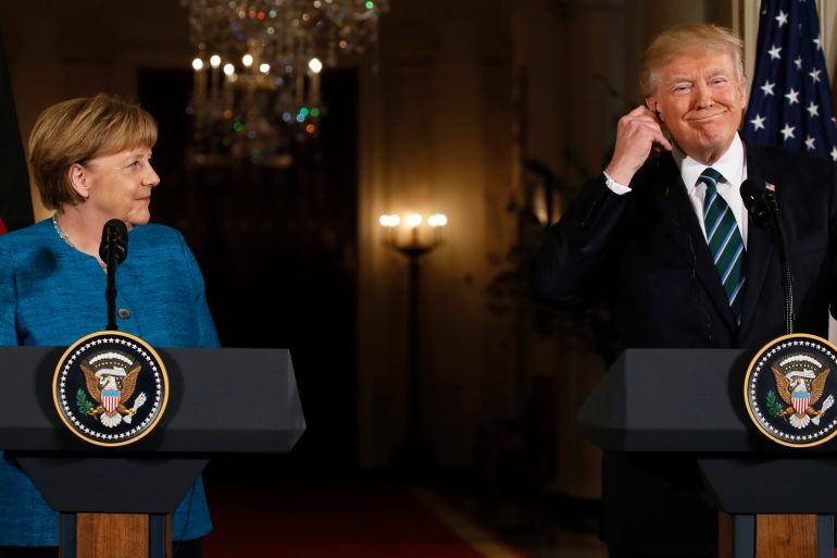 الرئيس الأمريكي دونالد ترمب والمستشارة الألماني أنغيلا ميركل خلال مؤتمر صحفي في واشنطن