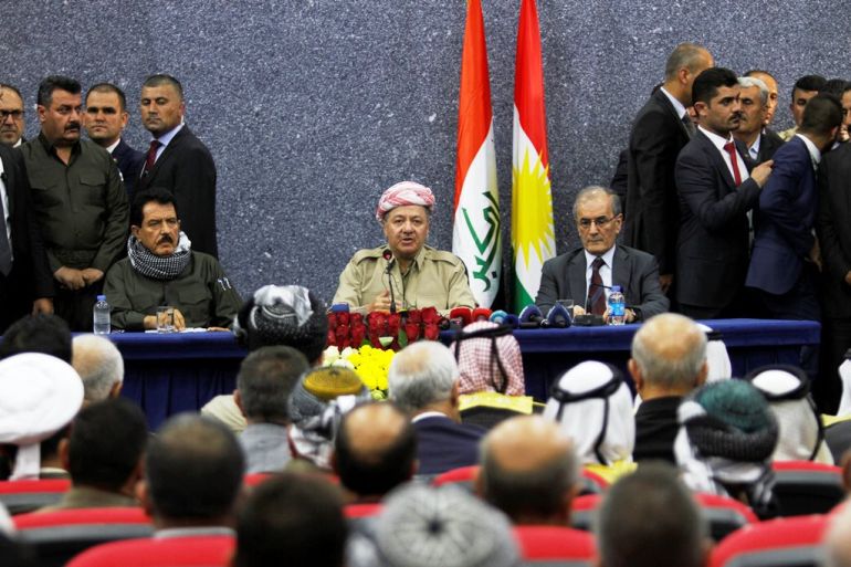 رئيس إقليم كردستان العراق مسعود البرزاني مع محافظ كركوك نجم الدين كريم
