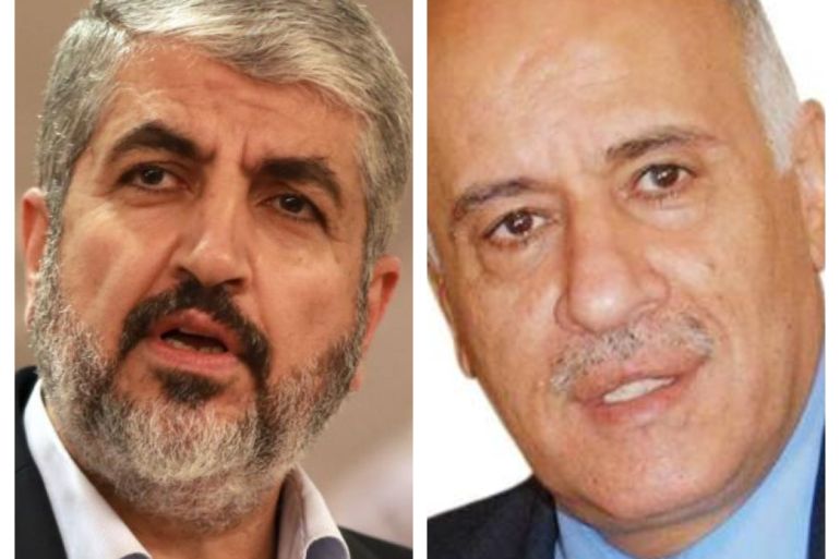 أمين سر اللجنة المركزية لحركة فتح، جبريل الرجوب (يمين)، ورئيس المكتب السياسي السابق لحركة حماس، خالد مشعل (يسار)