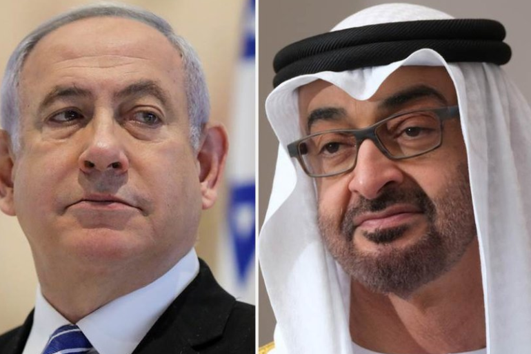 ولي عهد أبو ظبي محمد بن زايد (يمين) ورئيس الوزراء الإسرائيلي بنيامين نتنياهو (يسار)