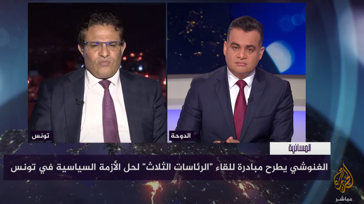 رفيق عبد السلام القيادي في حركة النهضة ووزير الخارجية التونسي الأسبق في لقاء على شاشة الجزيرة مباشر