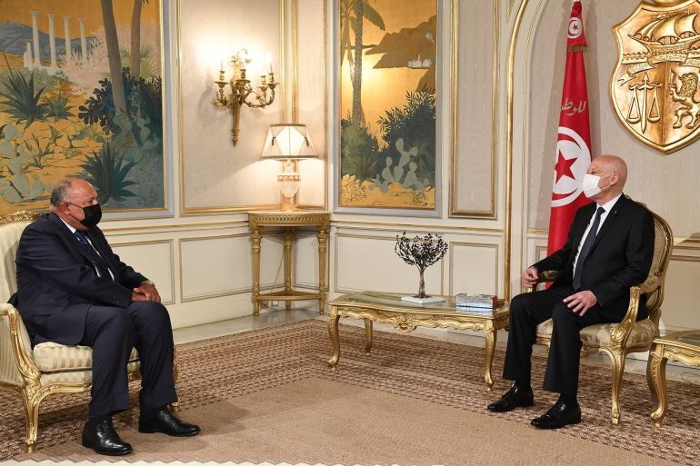 الرئيس التونسي قيس سعيّد (يمين) ووزير خارجية مصر سامح شكري (يسار)