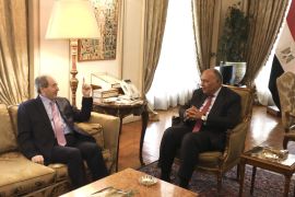 وزير الخارجية المصري سامح شكري (يمين) خلال لقائه السبت مع نظيره السوري فيصل المقداد (الأناضول)