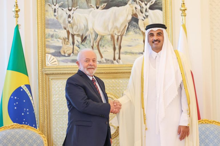 الرئيس البرازيلي خلال لقائه أمير دولة قطر اليوم (مواقع التواصل)